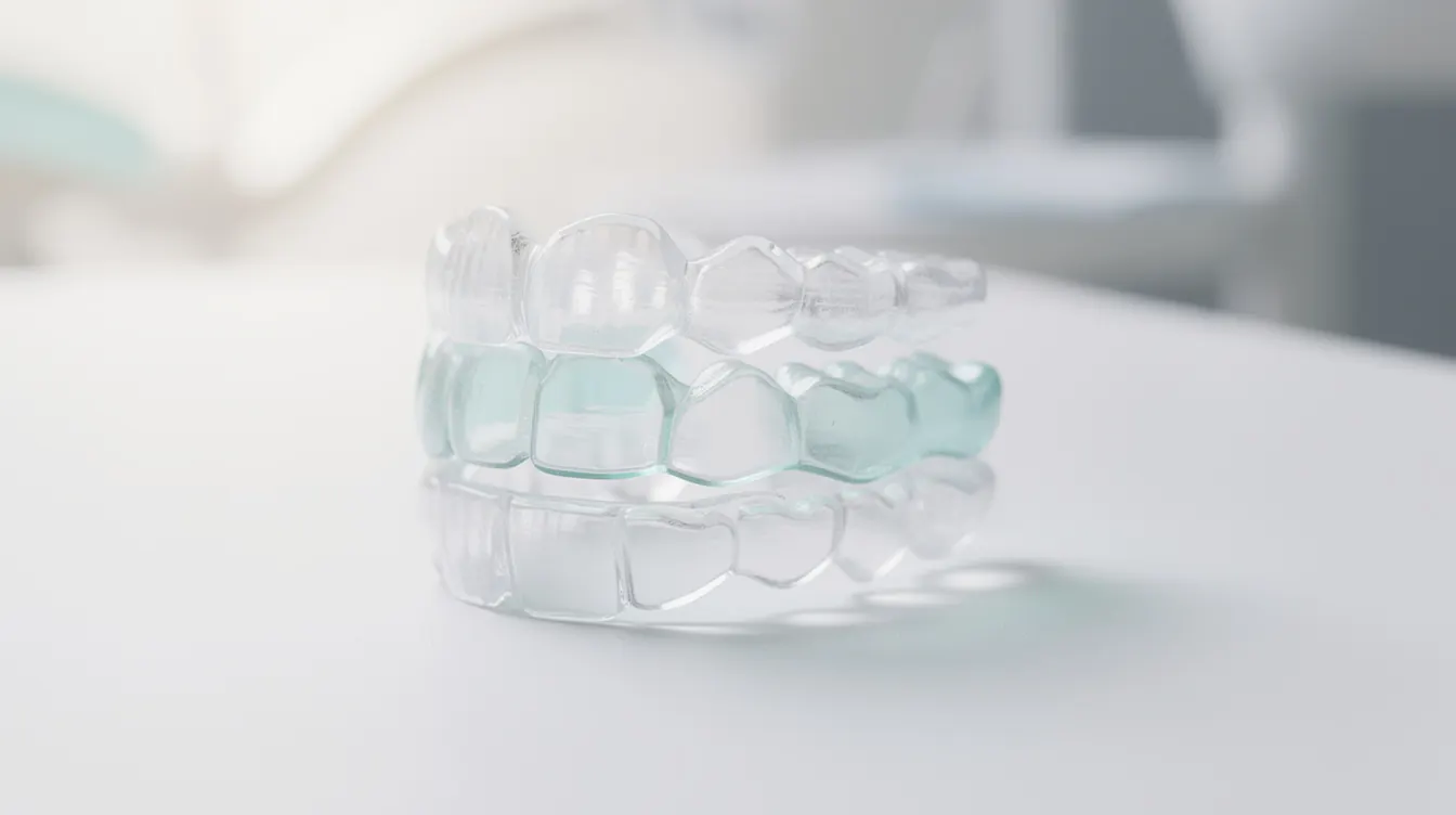 Tre stegvisa aligners — genomskinlig tandställning byts varannan vecka.