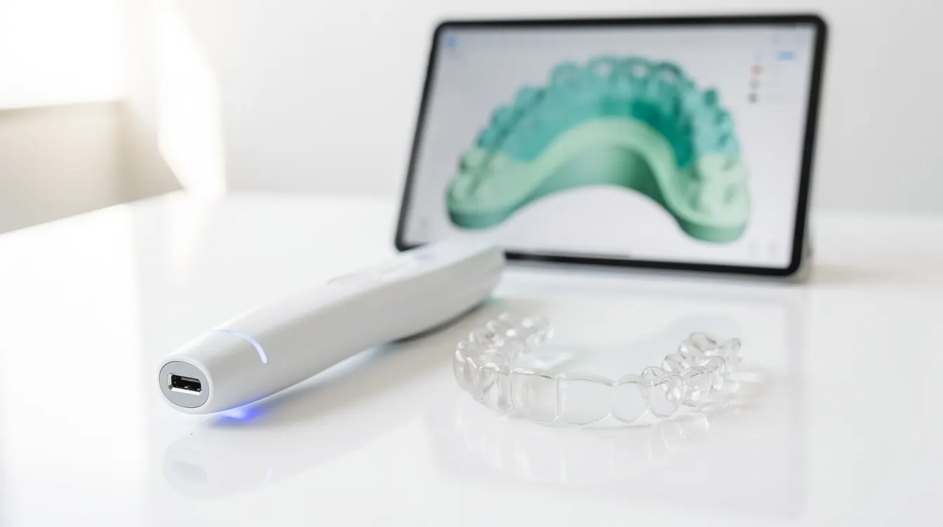 Digital tandscanner och Invisalign-aligner i en modern klinikmiljö.
