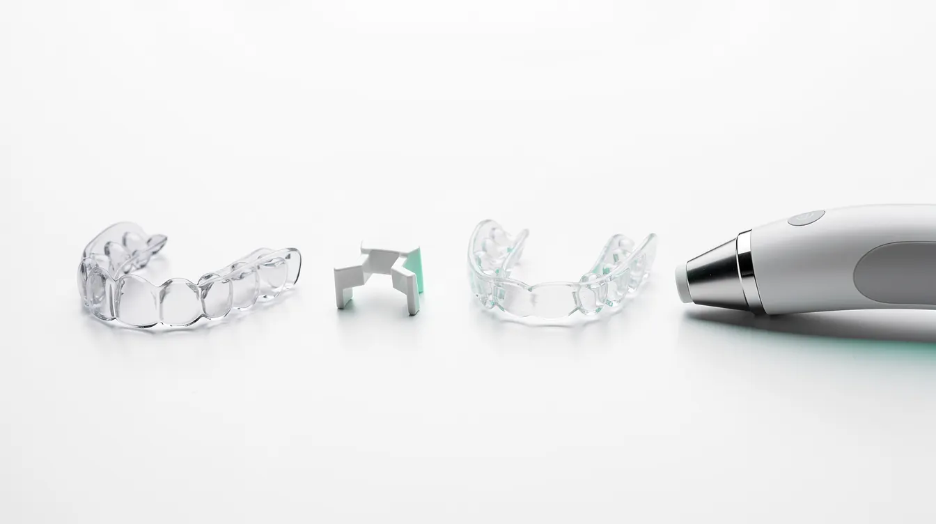 Fyra typer av tandreglering — aligners, brackets, retainer, scanner.